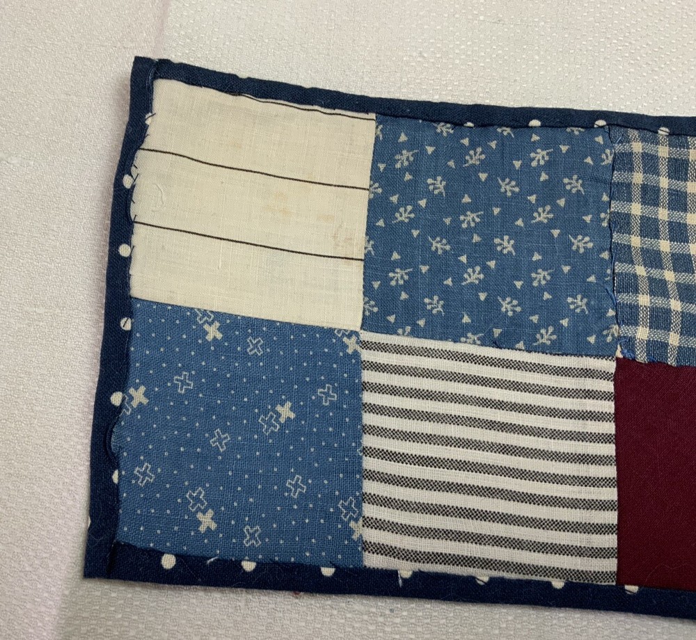 Patchwork Quilt Small Table Topper, Four Patch, Blue Calico Prints, Off White