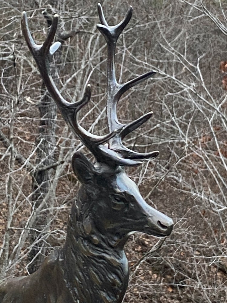 Bronze Deer Buck Complete Rack Antlers Posed On Step Plinth Statue