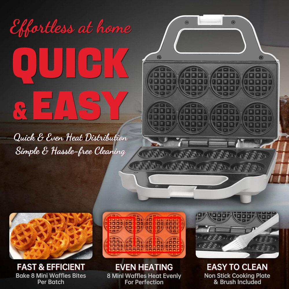 Mini Waffle Maker 8 Bite Nonstick Electric Breakfast Snack Maker