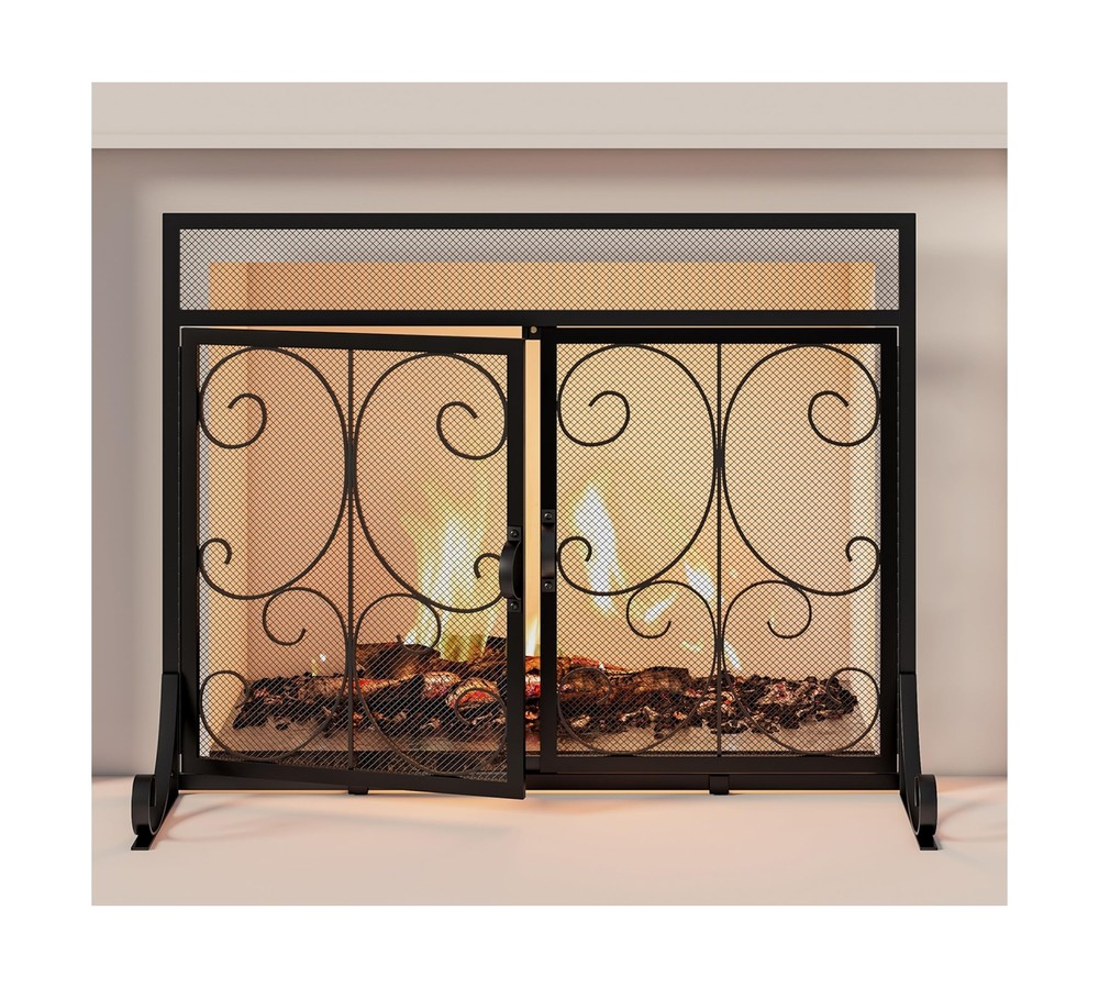 Flat Fireplace Screen with Doors,Solid Wrought Iron Frame with Metal Mesh, Fl...