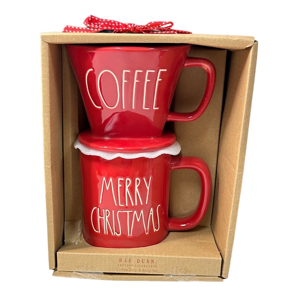 Rae Dunn "COFFEE" Drip & "MERRY CHRISTMAS" Mug Set