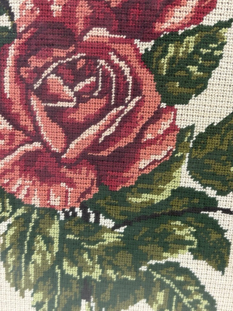 Vtg Framed Floral Roses Needlework Art Rectangular Gallery Wall Kitschy