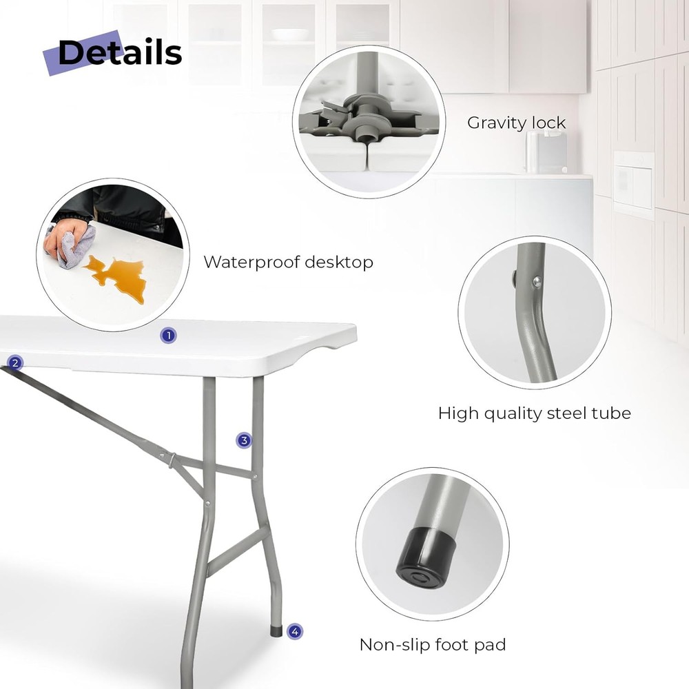 Folding Table 6ft Portable Heavy Duty Plastic Fold-in-Half Utility Foldable