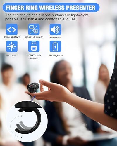 Wireless Finger Ring Presentation Clicker, 2-in-1 USB Type C Laser Pointer for P