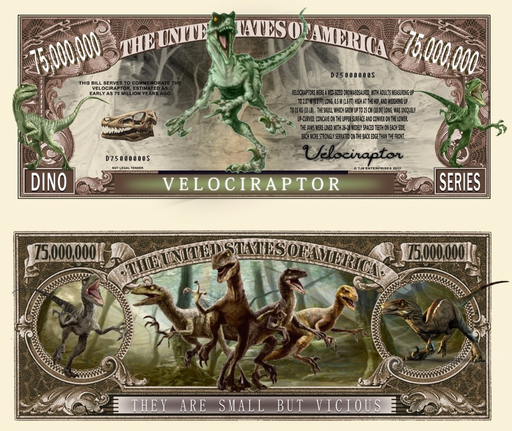 OUR RAPTOR DINOSAUR DOLLAR BILL (2 Bills)
