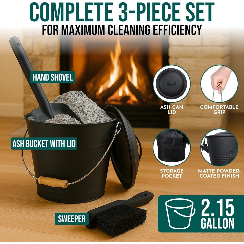 Galvanized Iron Ash Bucket with Lid Complete Fireplace Tools Set Includes Pail