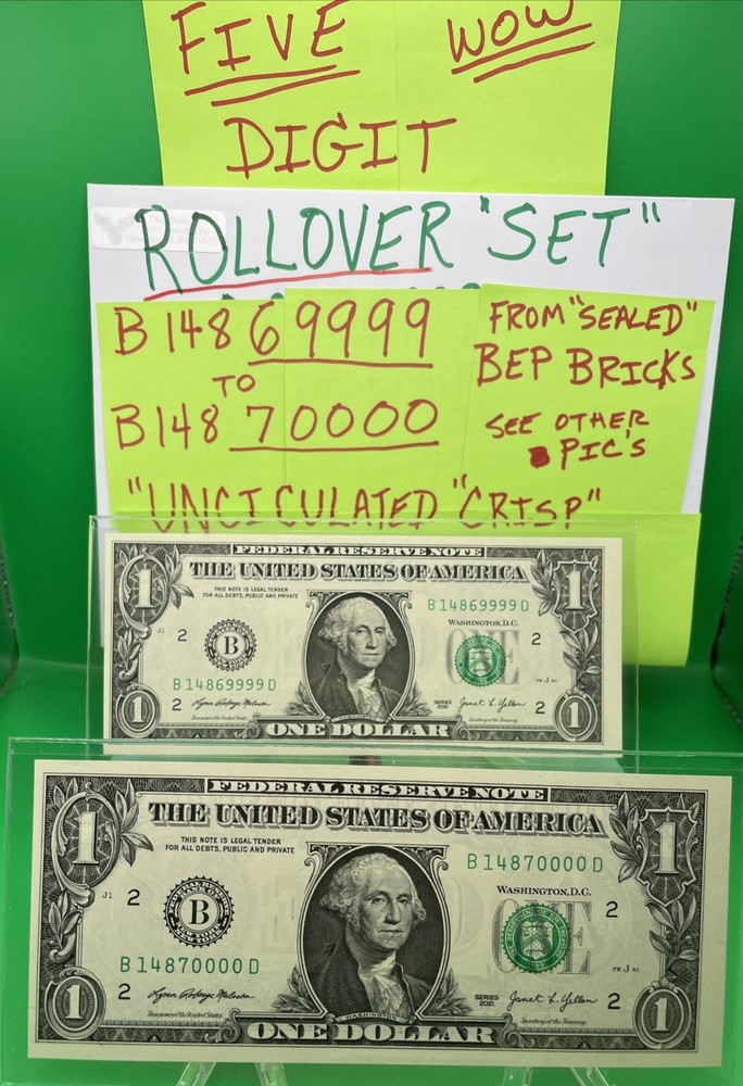 ROLLOVER PAIR /WET INK TRANSFER ERROR “UNC”Fancy Serial Numbers Two $1 BILLS