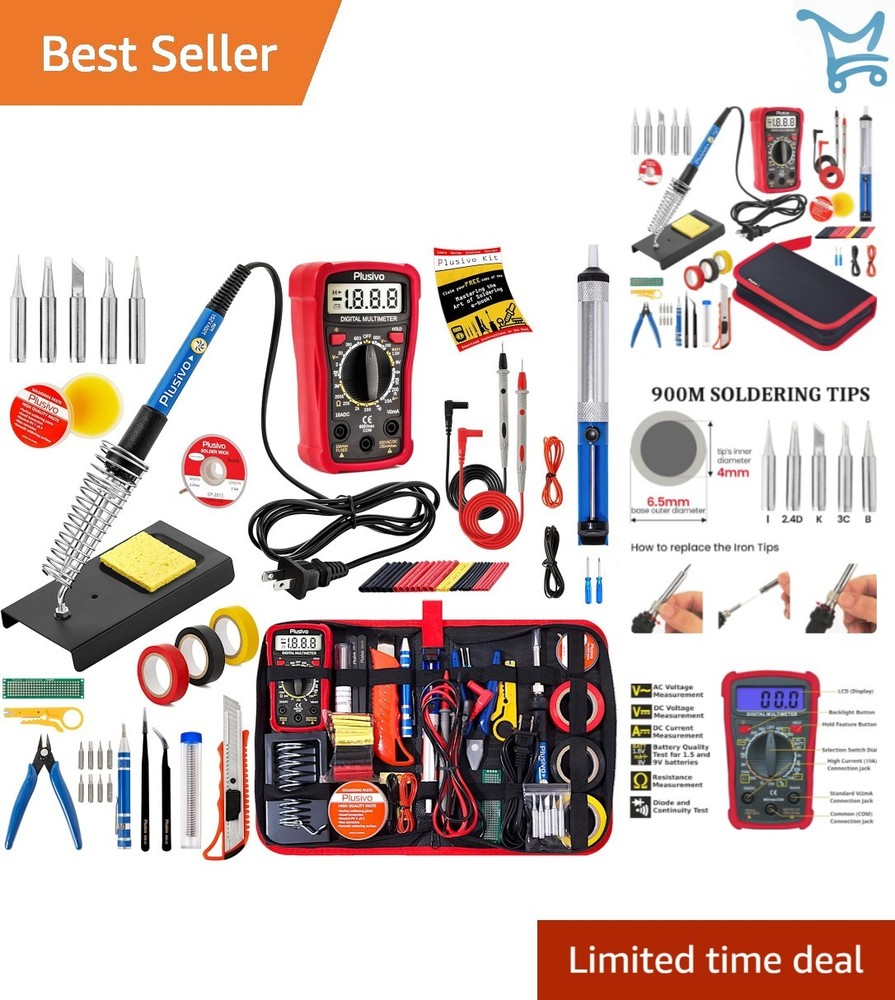 Soldering Iron Kit 60W Adjustable Temp Multimeter Tips Wires USB DIY Electronics