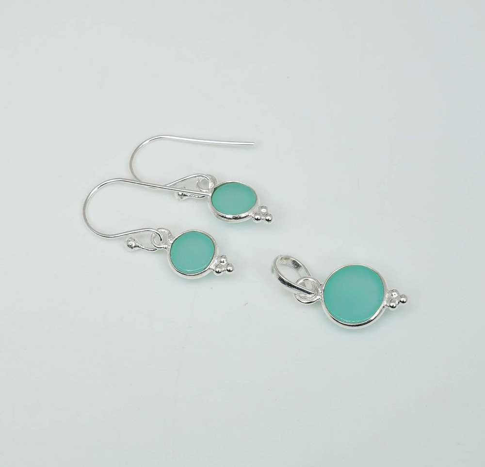 925 Solid Sterling Silver Aqua Chalcedony Hook Earring Pendant Set