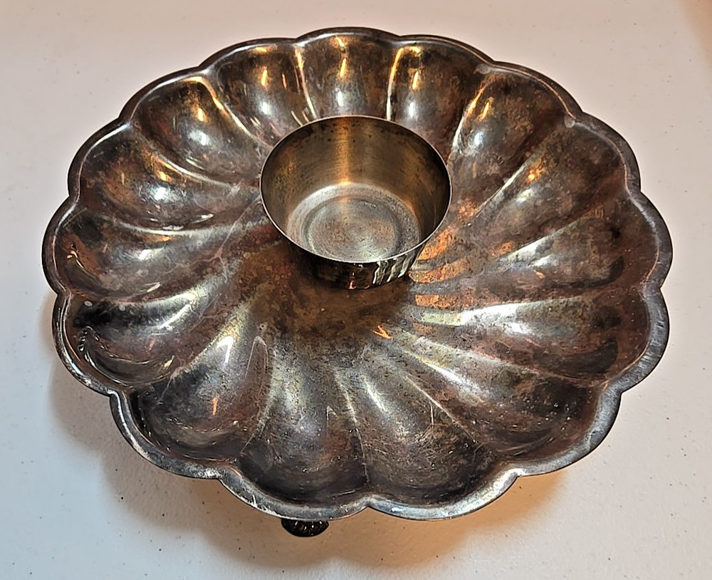 Vintage Silverplate Scalloped Round Shrimp Footed Tray w/ Dip Cup; 11"