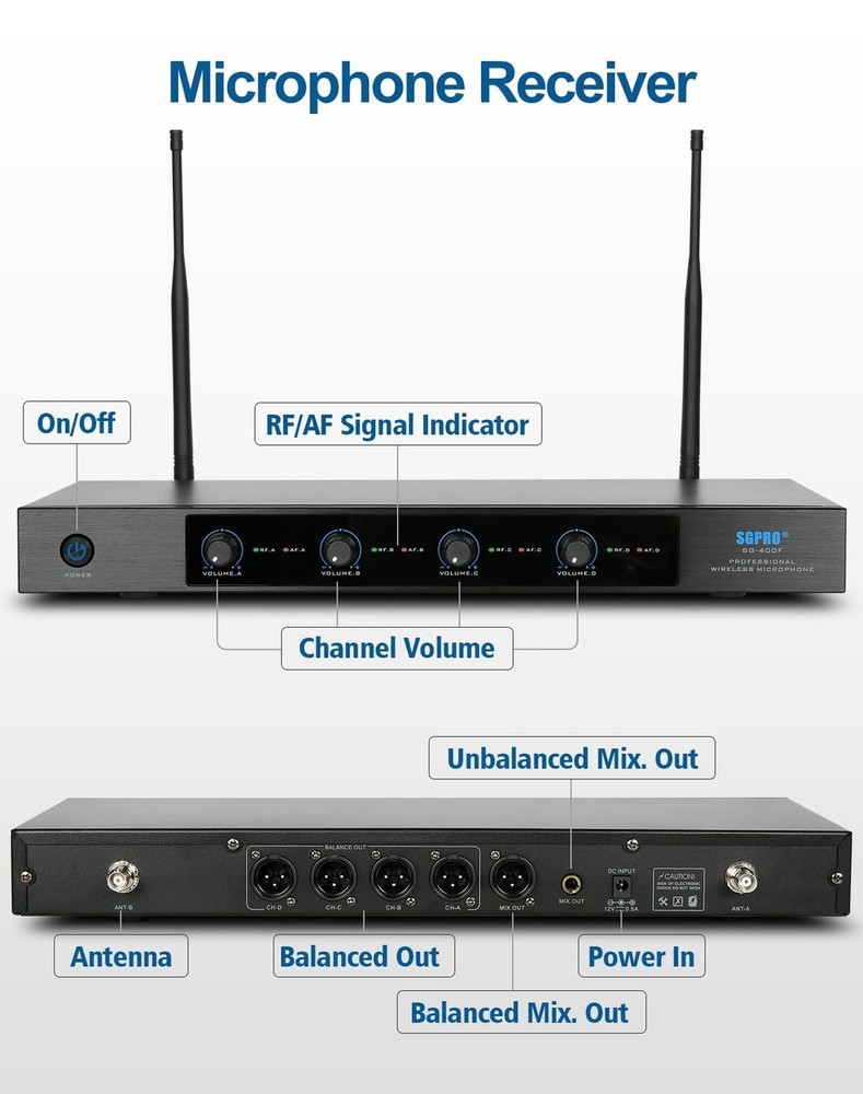 4-Channel Wireless Microphone System - 250Ft Range, Metal Mics & Receiver, Fi...