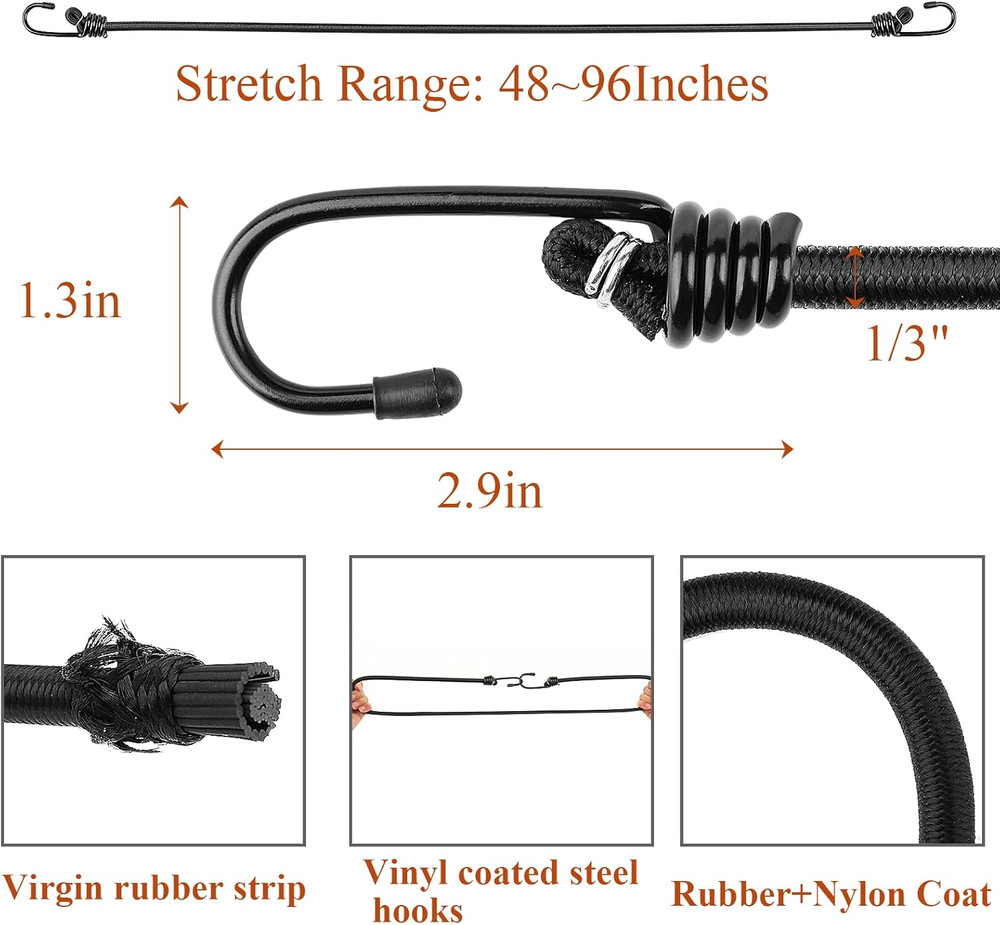 48 inch Black Bungee Cords with Hooks, 2 Pack