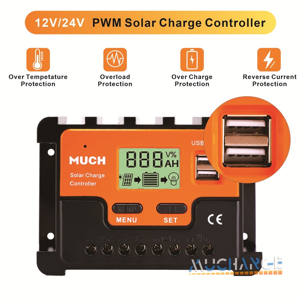 30A Solar Panel Controller Solar Battery Charge 12V/24V Auto Regulator LCD