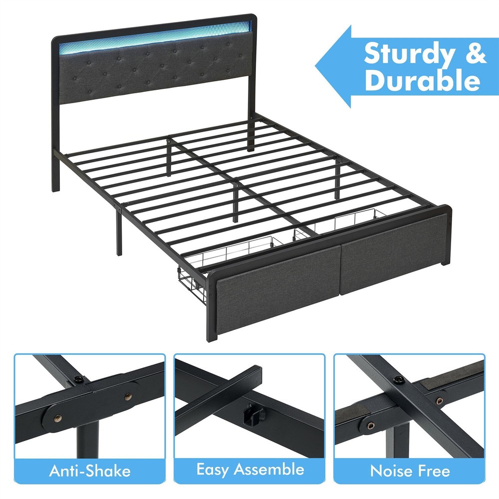 Upholstered Bed Frame with 2 Storage Drawers Queen Bed Frame with LED Lights