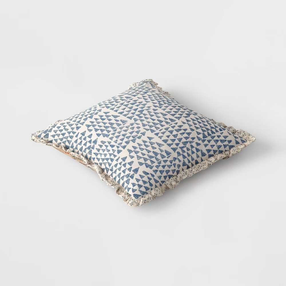 Square Bird in Nature Pillow with Printed Reverse and Ruffle Trim neutral
