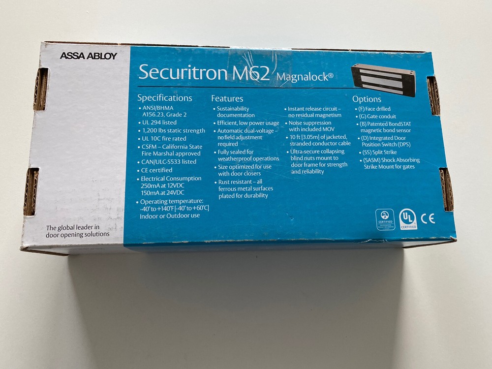 Securitron M62FBM Magnalock Electromagnetic Lock, 1200Lbs Holding Force, Pla