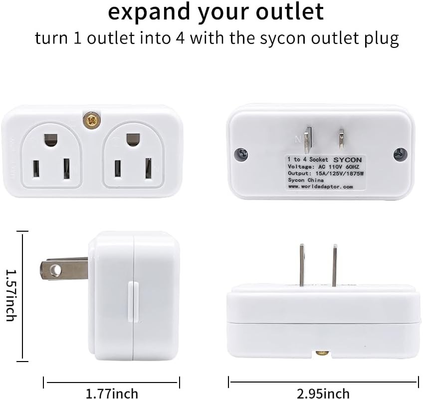 2 Pack Mini Wall Plug Adapter Outlet Extender with 4 Outlets