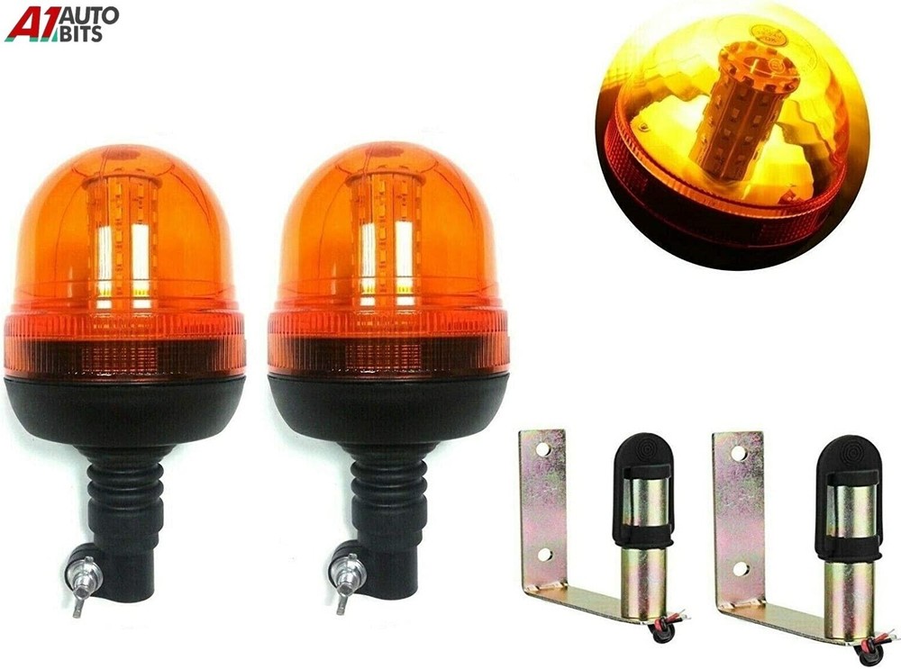 2X Led Rotating Amber Beacon Flexible Din Pole Thread Mount Warning Lights #D