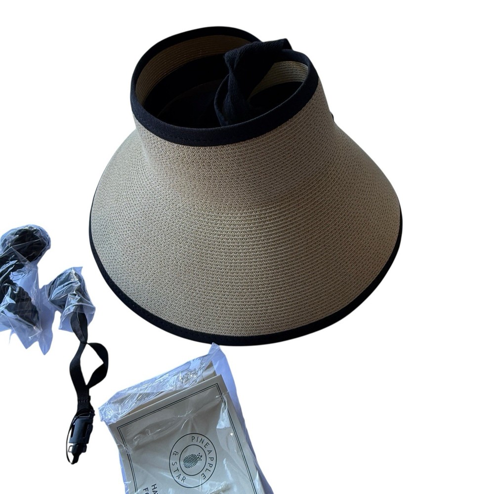 Pineapple & Star Vienna Visor Tan w/ Bow Straw Sun Hat Adjustable Packable UPF