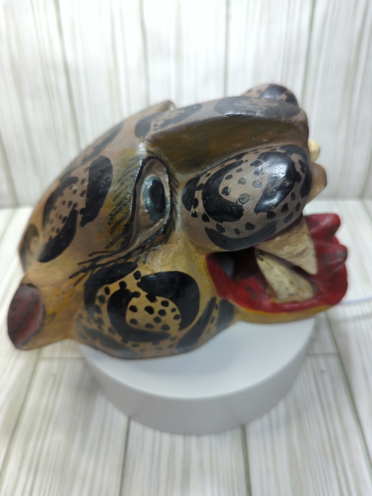 Mexican Nahua Folk Art Guerrero Carved Wood Cat Jaguar Animal Head