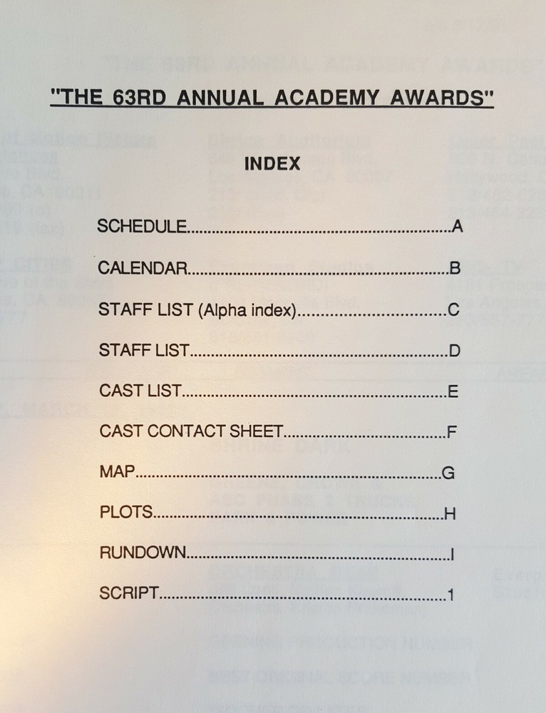 63rd. Academy Awards Final Draft Original TV Script and Program.