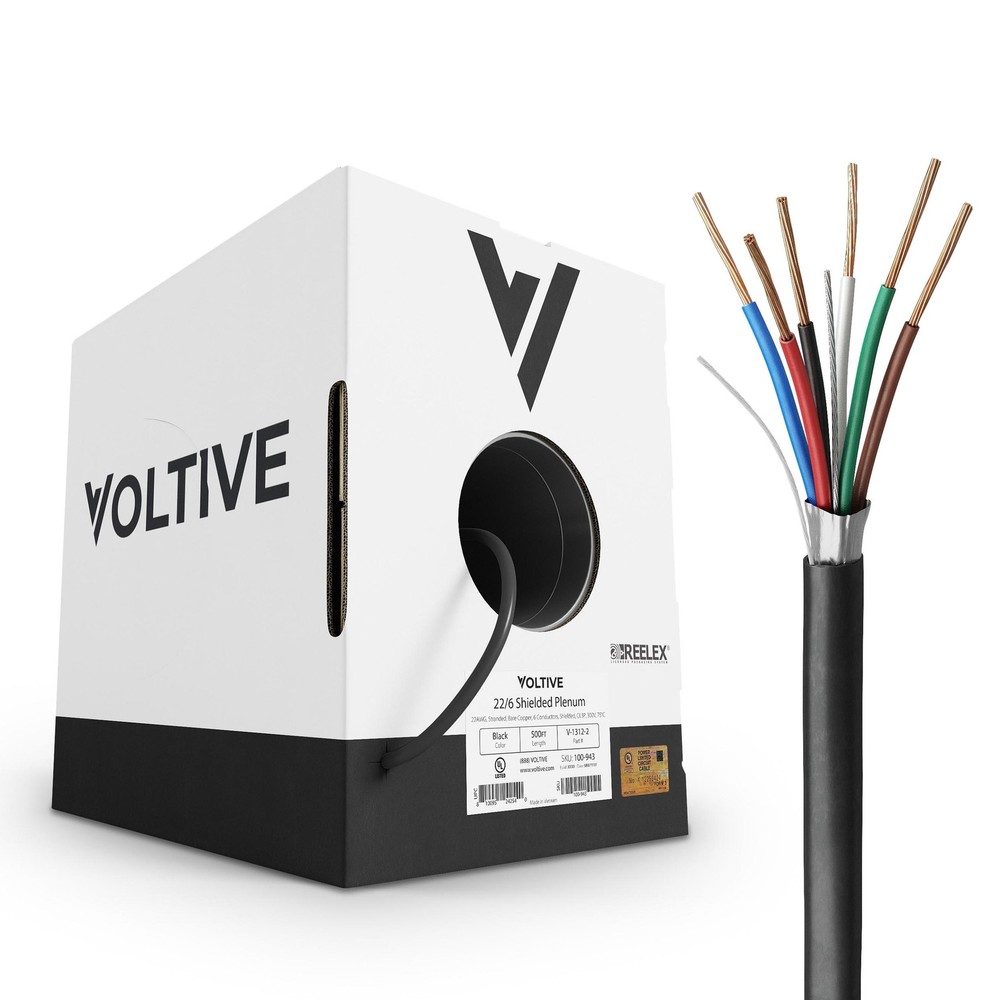 Voltive 22/6 Shielded Low Voltage Wire, Plenum CL3P, Black, 500ft