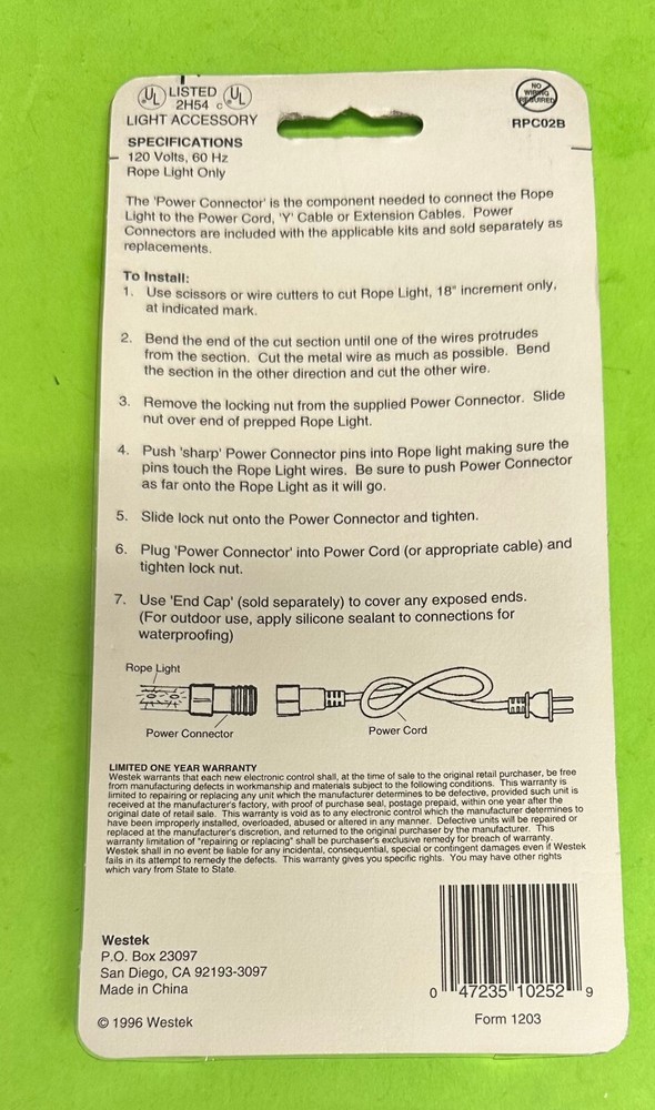 WESTEK RPC02B 2-Pack Replacement Power Connector for Rope Lighting White