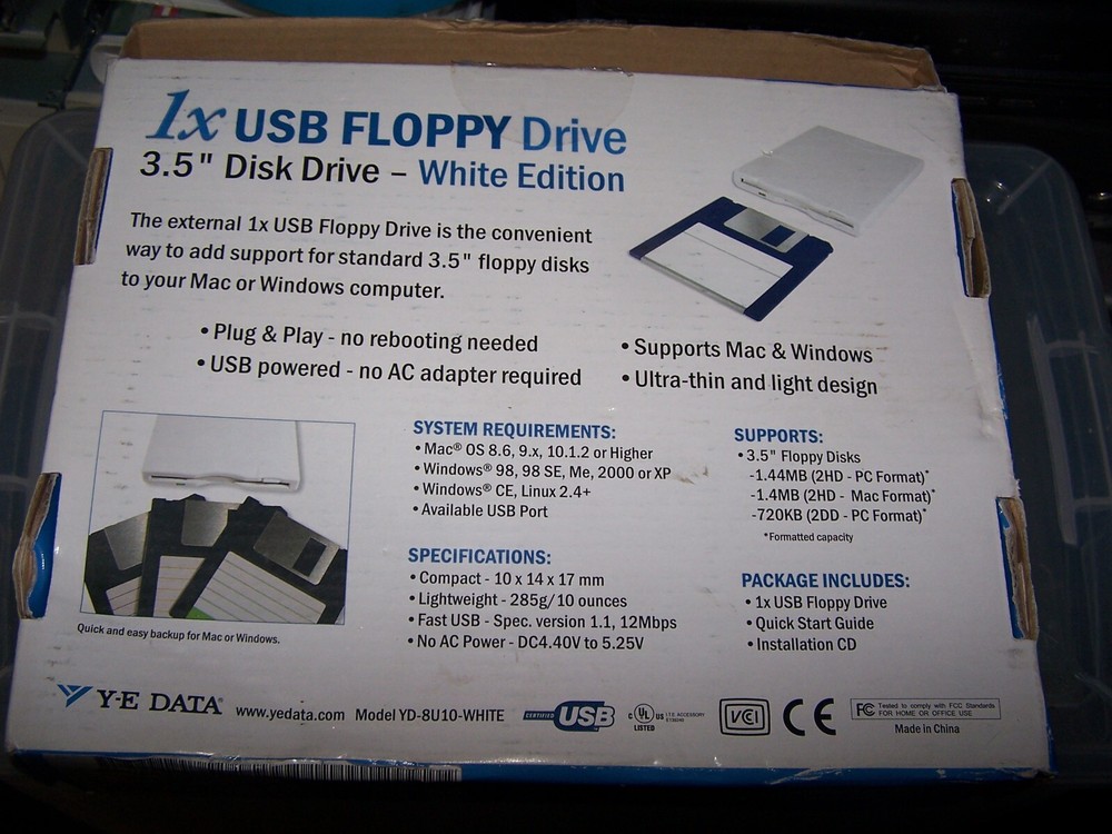 White USB Floppy Drive for PC or Mac