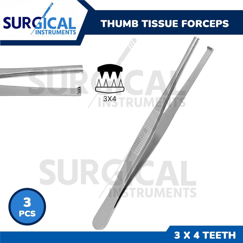 3 Pcs Thumb Tissue Forceps 5" 3X4 Teeth Stainless Steel German Grade