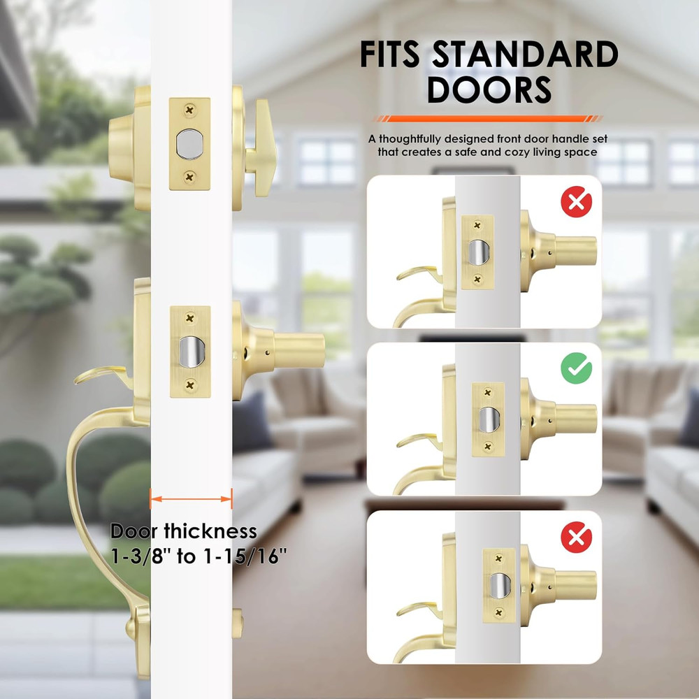 Elegant Gold Front Door Handle & Deadbolt Set - Reversible Lock