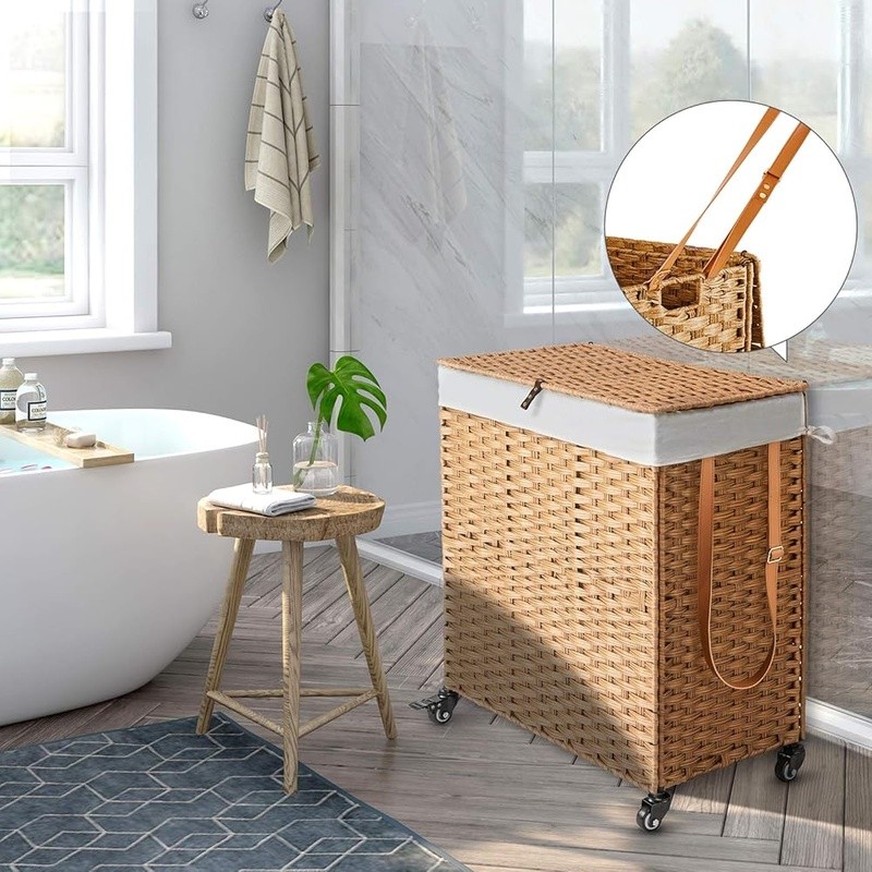 Handwoven Laundry Hamper Rolling Baskets W/ Removable Liner Moisture Resistant