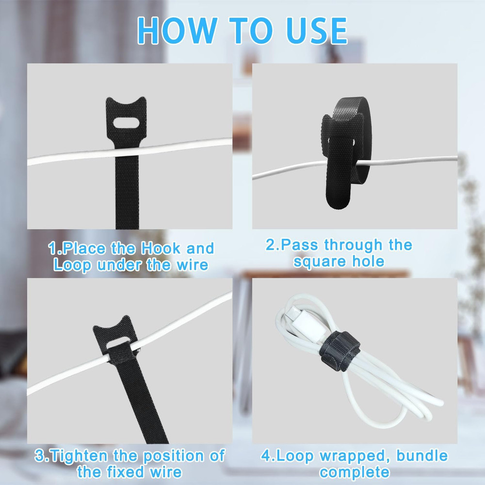 100Pcs Reusable Cable Ties - Hook and Loop Cable Straps for Wire Management - Ad