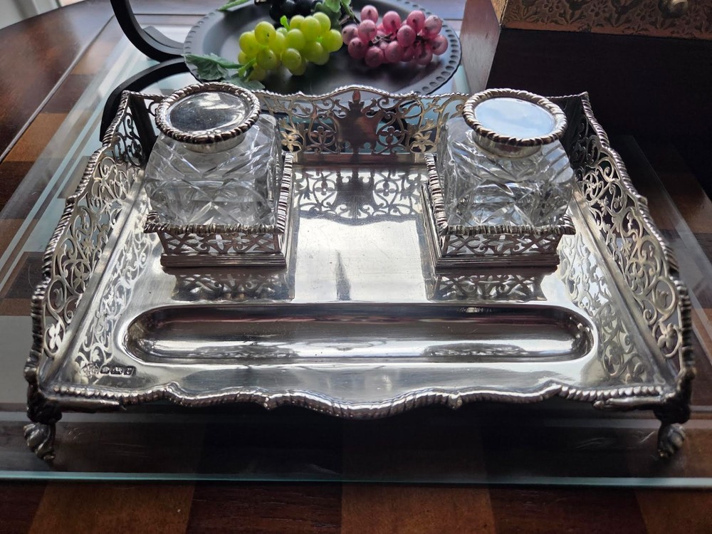 Sterling Silver Two Inkwells with Stand (Hallmarked)
