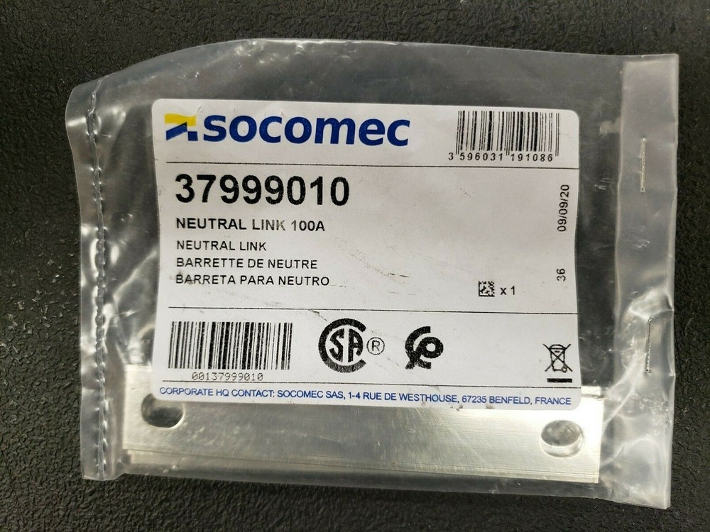 NEW, SOCOMEC, 37999010, Solid Neutral Link 100A