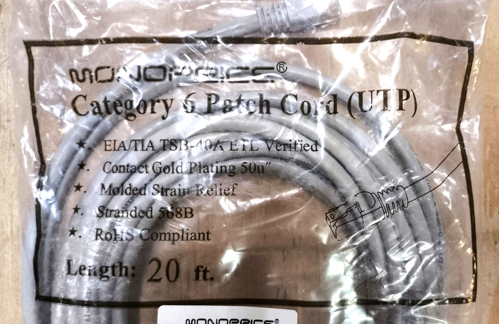 Monoprice Cat 6 20ft Ethernet Cable (UTP)