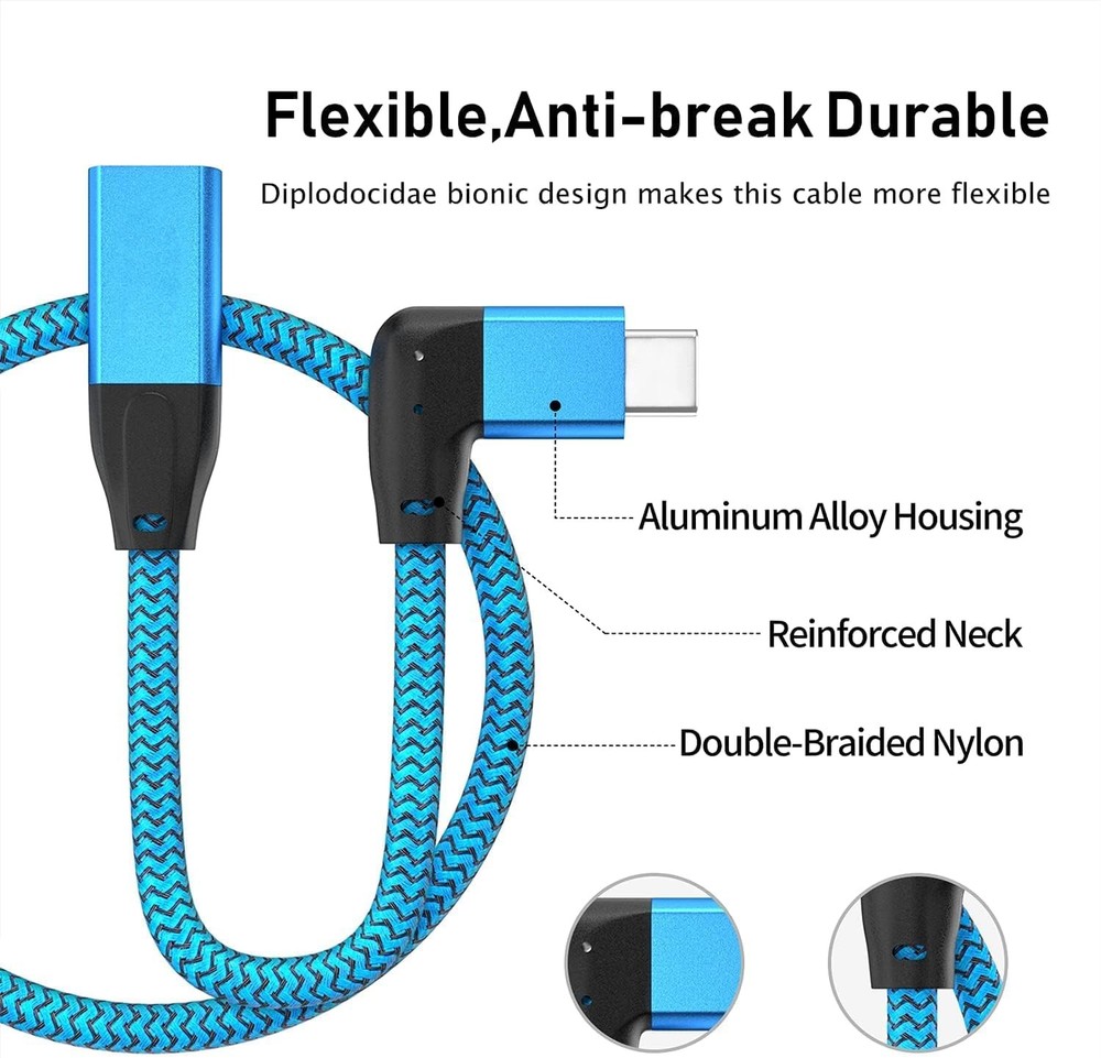 UseBean Right Angle USB C Extension Cable 0.6FT, 90 Degree USB-C BLUE