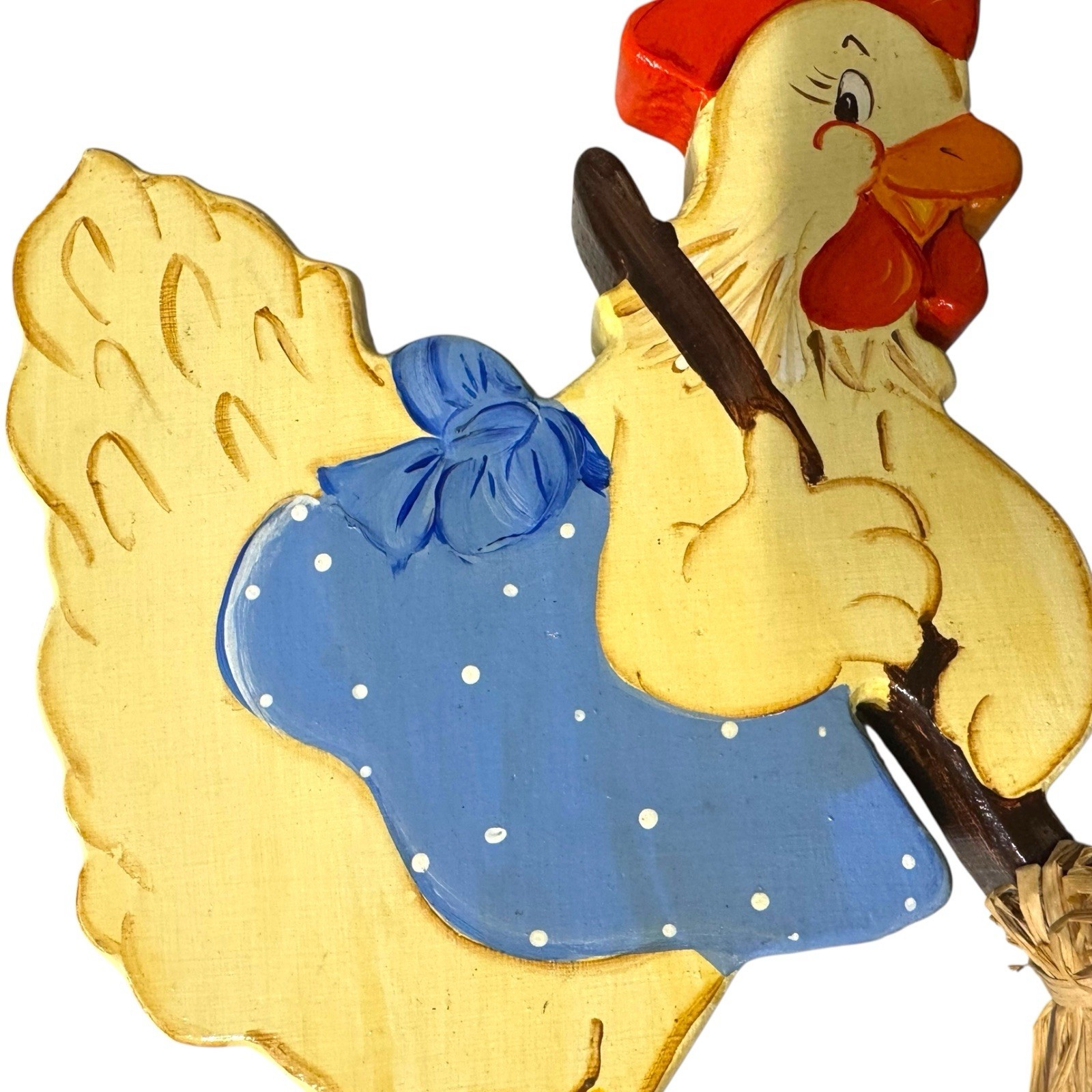 Vintage 80s Wooden Hen Wall Art Anamorphic Animals Pair Glazed Hand Painted