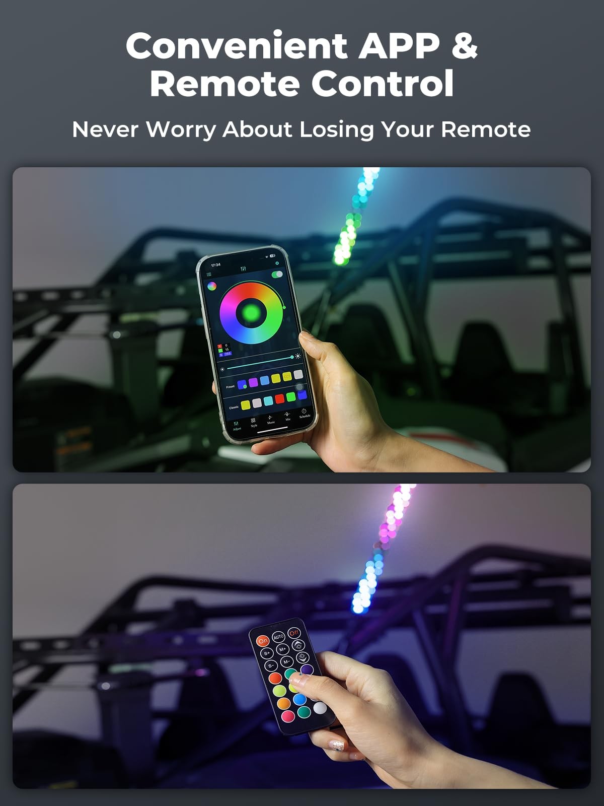 KEMIMOTO 2pc 3ft Bluetooth RGB LED Whip Lights for UTV ATV, Turn Signal Function