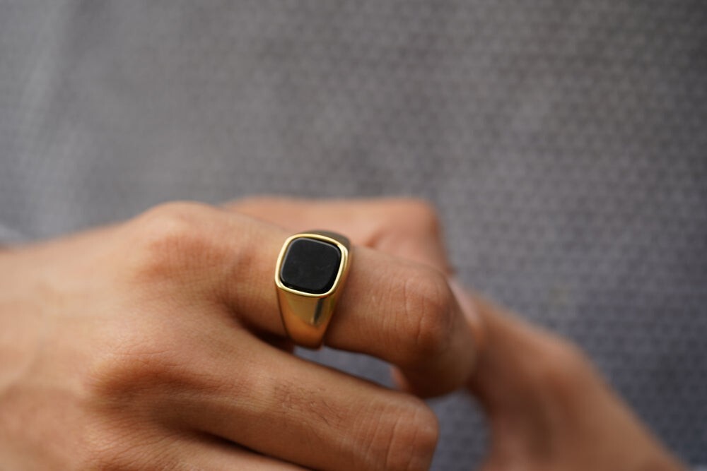 Cushion Black Onyx Ring in Silver or Gold Natural Gemstone Ring For Husband Mens