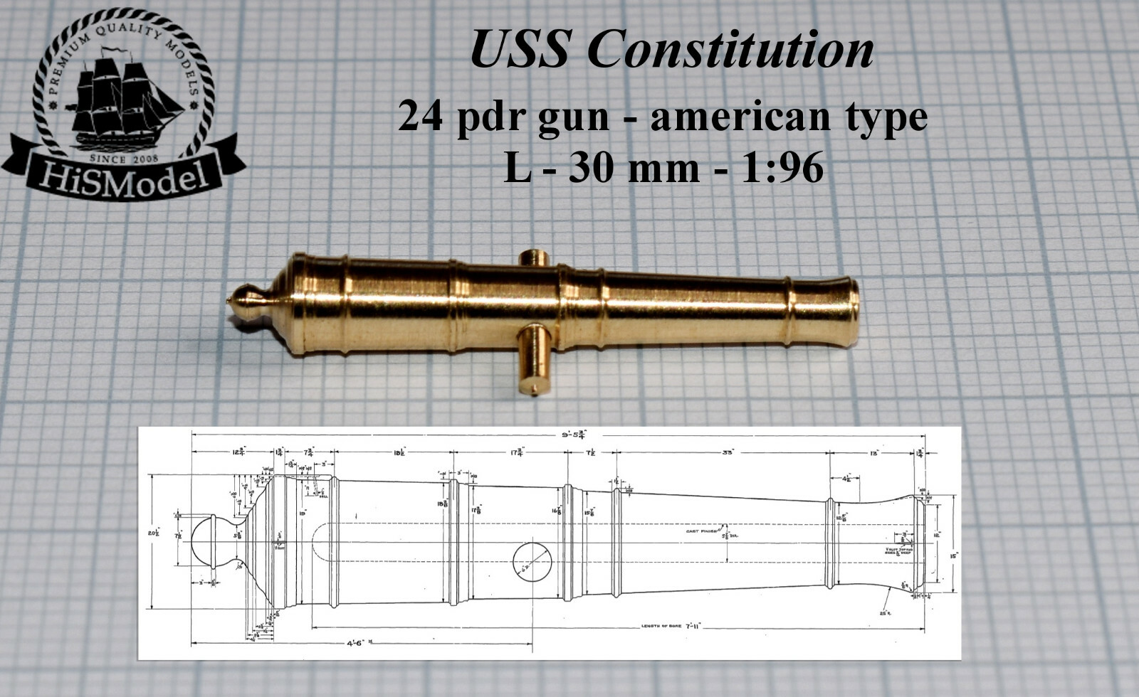 Revell USS Constitution, United States 1:96 - complete set of 53 brass cannons