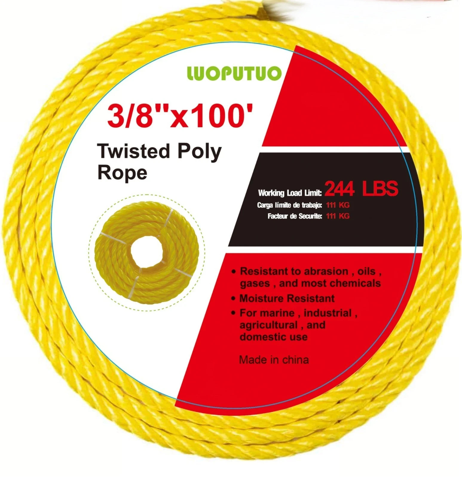 3/8 100ft Yellow Twisted Poly Floatable Rope-Corrosion Resistant UV Resistant