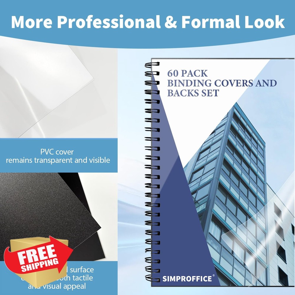 SIMPROFFICE 60 Pack Binding Covers 8.5x11 Clear PVC Black Poly Presentation