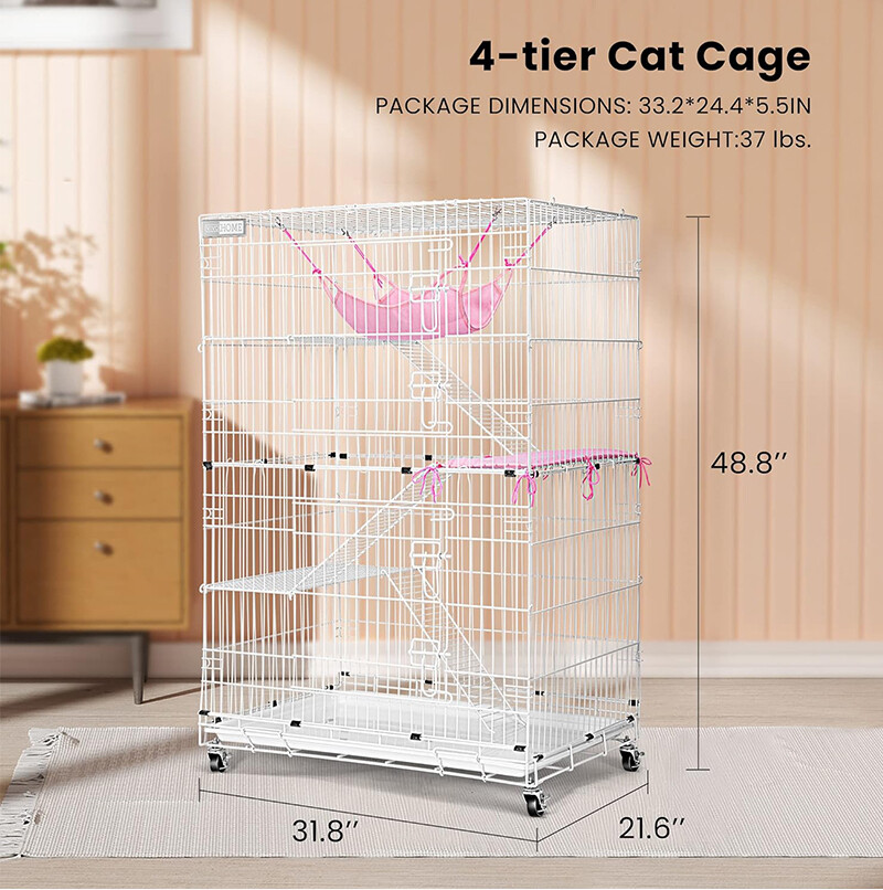4-Tier Large Folding Cat Cage Crate Playpen w/Climbing Ladders/Platforms/Wheels