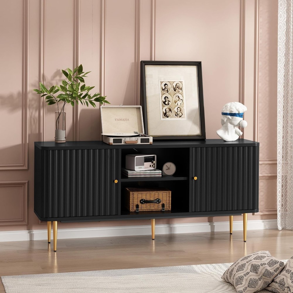 55” Fluted TV Stand, Mid  Modern Bla TV Stand for