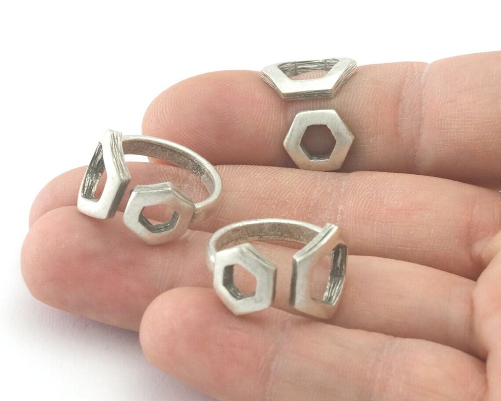 Hexagonal Frames Adjustable Ring Antique silver plated brass 6-8US size 4349
