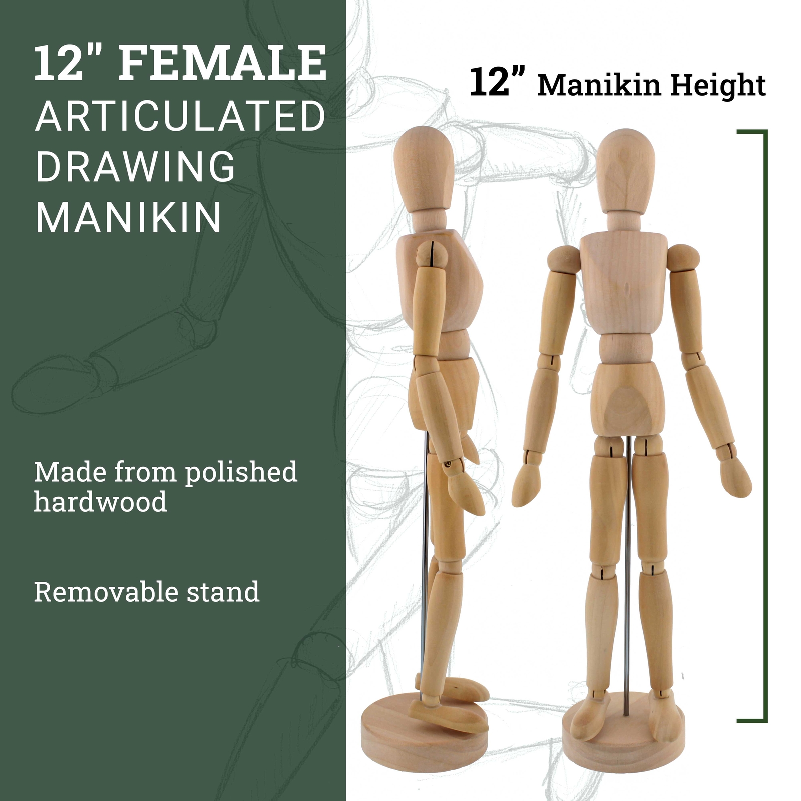 US Art Supply 12" Female Manikin Wooden Art Mannequin Figure