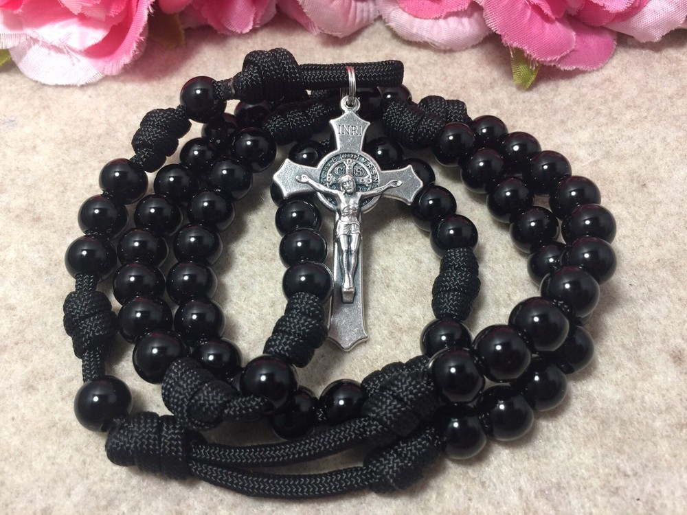 Black Beads Rosary, St. Benedict Crucifix, Durable Rosary- Handmade