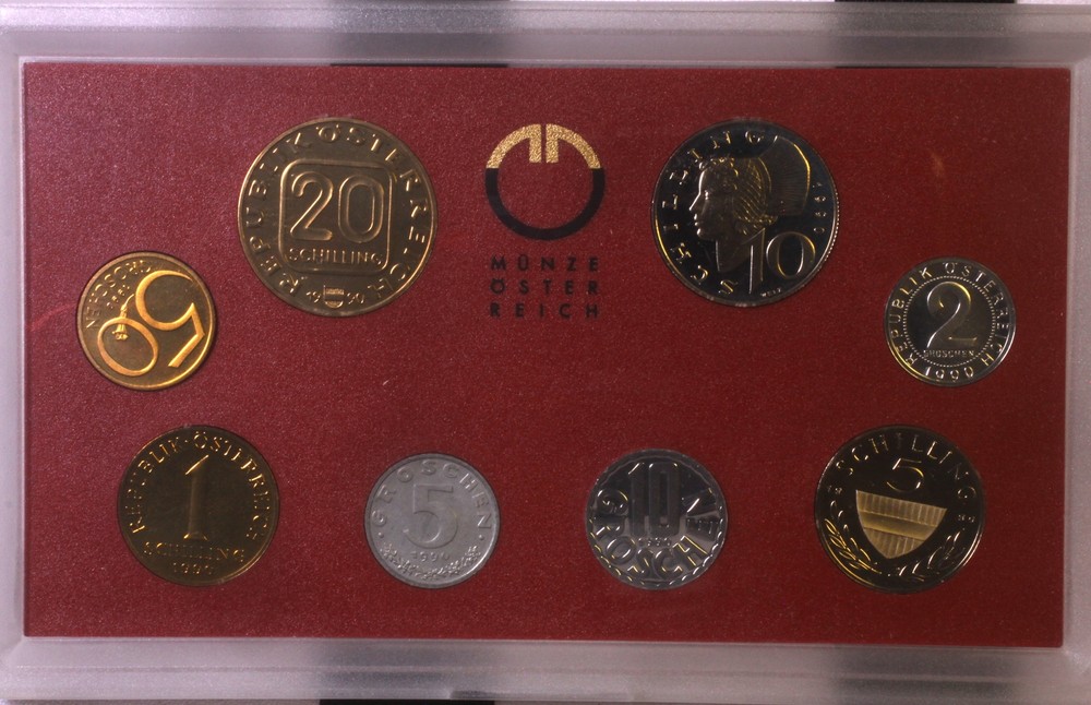 1990 Various Austria BU PROOF Set in original case! 8 coins