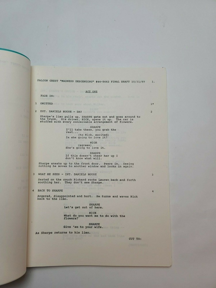 FALCON CREST / 1989 TV Script, Wendy Phillips & David Selby "Madness Descending"