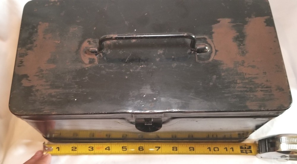 Antique Black Metal Hinged Tool Storage Box 12"